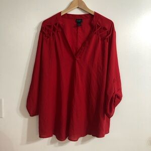 Rue+ women’s dressing V-neck shoulder crisscross two ways sleeves red. 2X